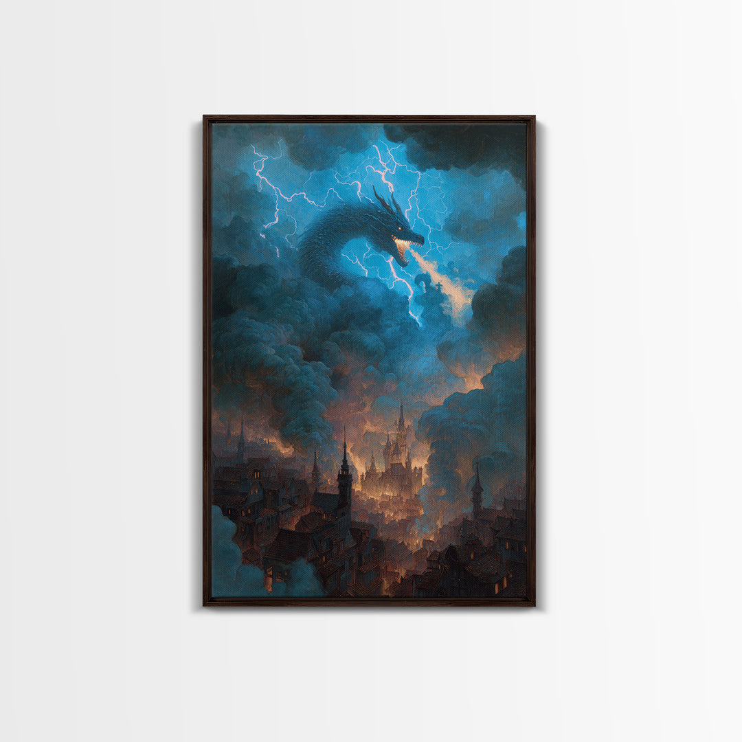 Storm Dragon Above Smoky Gothic City Wall Art, Electric Blue Fantasy Canvas Print, Dark Academia Decor, Epic Monster Artwork