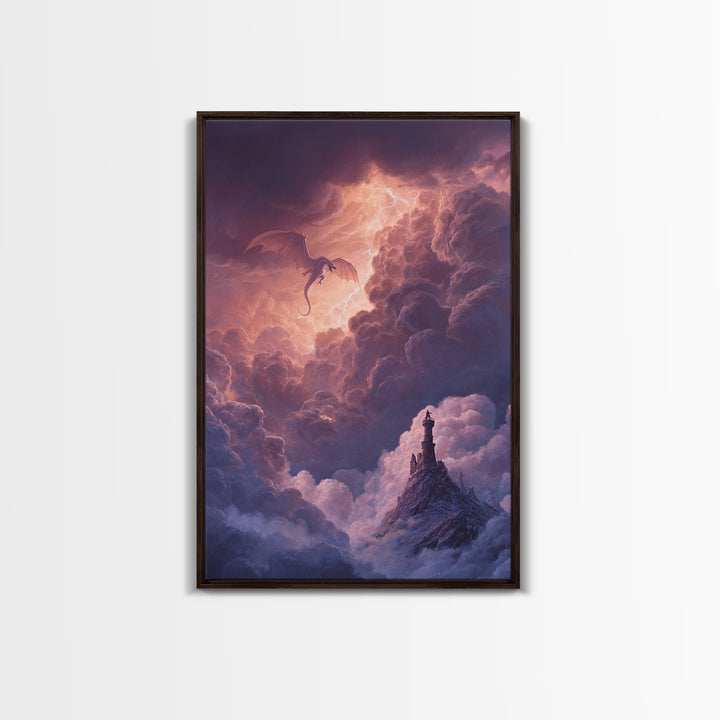 Dragon Flying Through Thunderclouds Framed Canvas Print, Fantasy Wall Art, Moody Sky Landscape, Castle Tower Decor, Epic Fantasy Gift