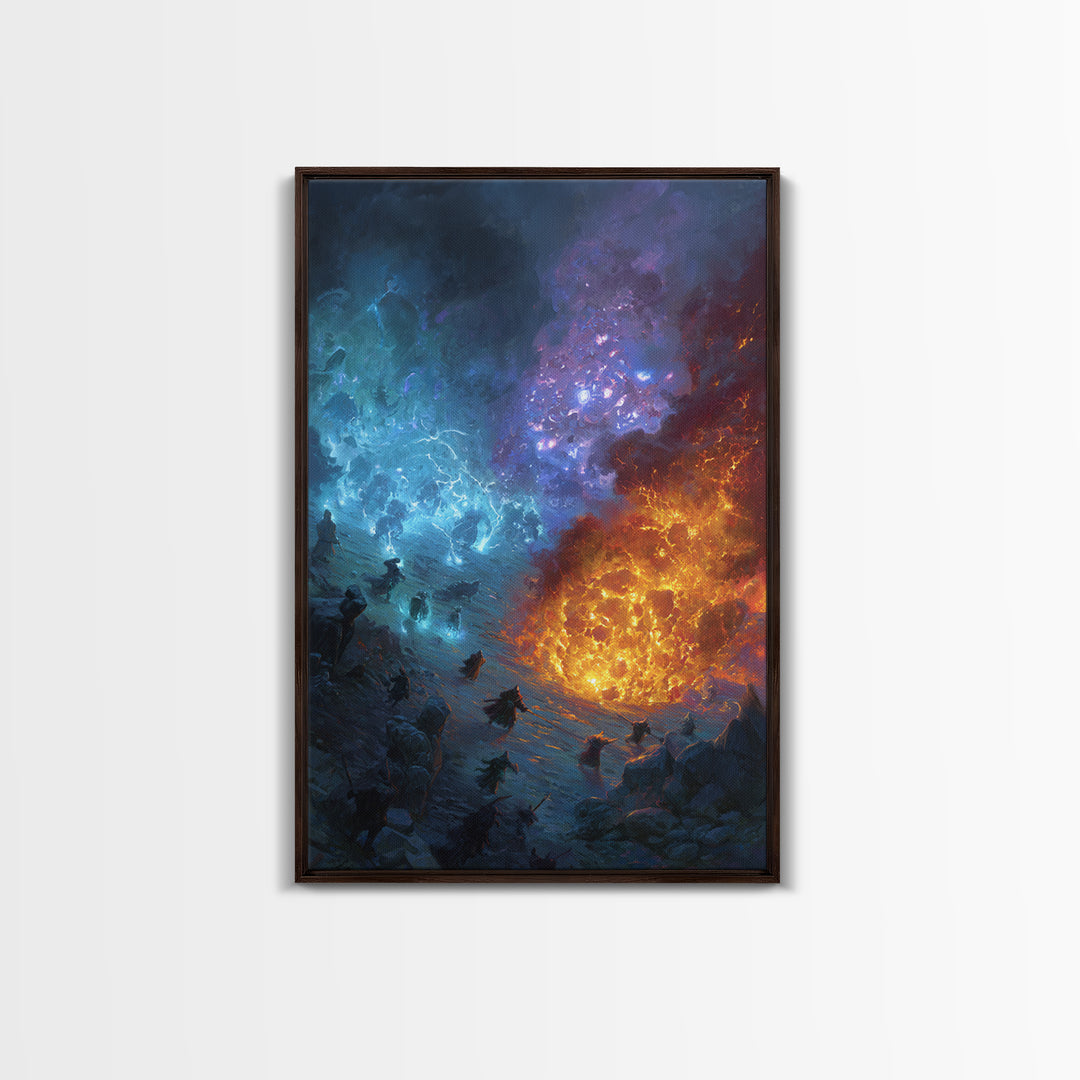 Elemental Fire And Ice Battle Wall Art, Epic Fantasy Canvas Print, Surreal Magic Landscape, Dramatic Warrior Decor, Adventure Artwork