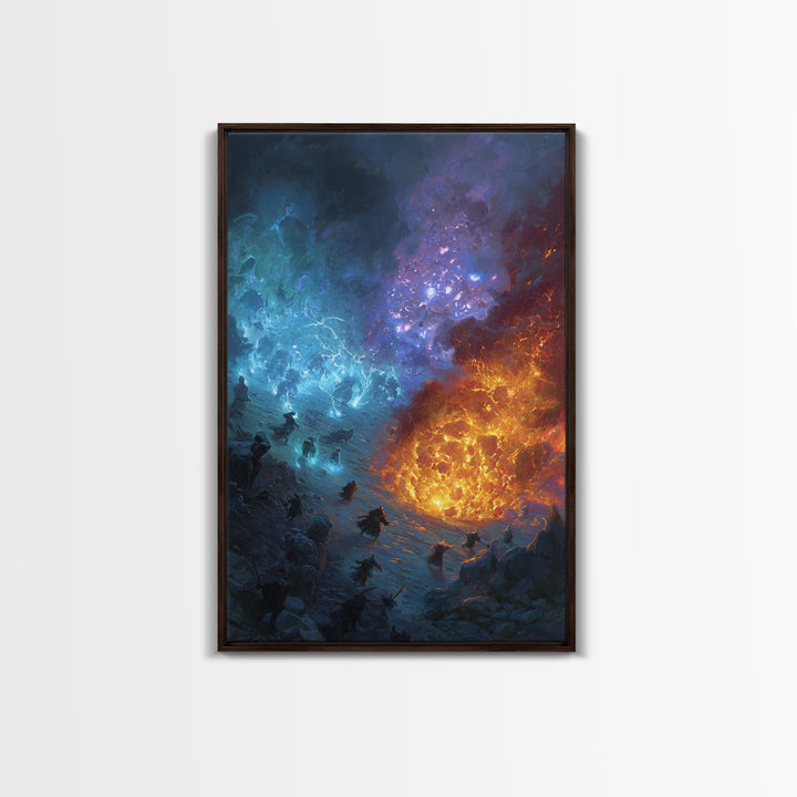 Elemental Fire And Ice Battle Wall Art, Epic Fantasy Canvas Print, Surreal Magic Landscape, Dramatic Warrior Decor, Adventure Artwork