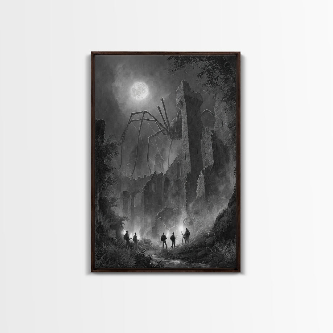 Giant Spider Haunting Moonlit Ruins Wall Art, Black And White Framed Canvas Print, Gothic Horror Decor, Creepy Fantasy Art
