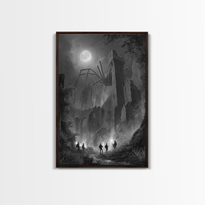Giant Spider Haunting Moonlit Ruins Wall Art, Black And White Framed Canvas Print, Gothic Horror Decor, Creepy Fantasy Art