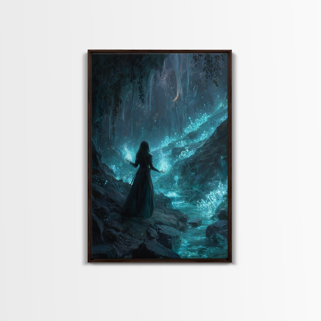 Glowing Crystal Cavern Sorceress Wall Art, Fantasy Art Print, Mystical Blue Cave Decor, Witchy Home Decor Gift For Her, Room Decor