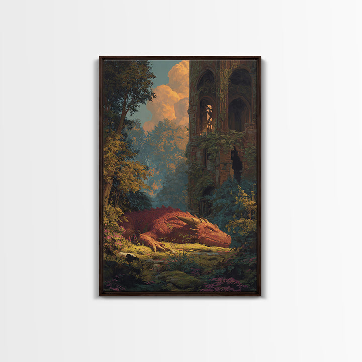 Sleeping Golden Dragon In Overgrown Ruins Canvas Print, Fantasy Wall Decor, Dragon Art, Storybook Castle Home Decor, Housewarming Gift