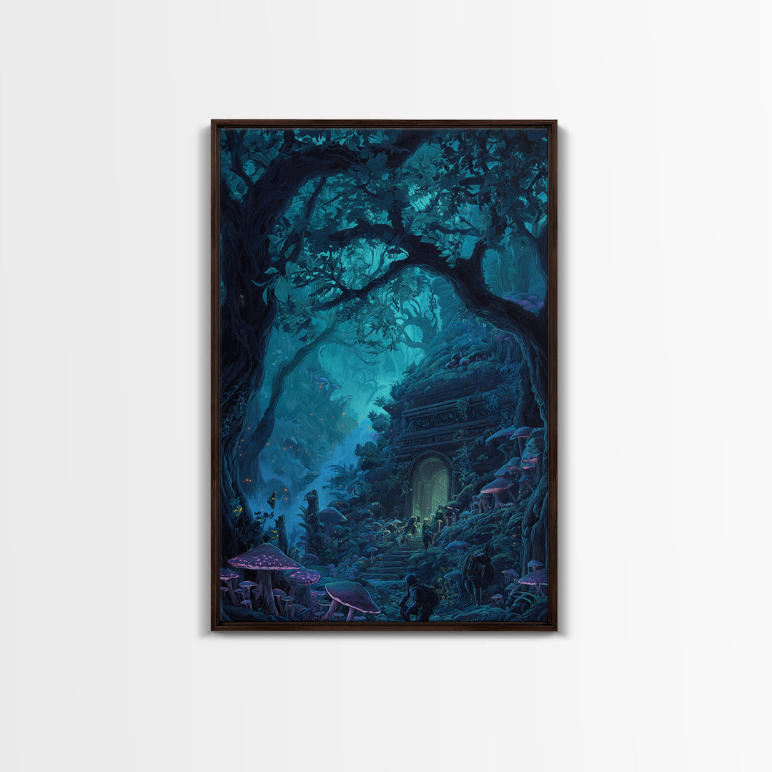 Enchanted Blue Forest Door Framed Canvas Print, Mushroom Wall Art, Fantasy Woodland Decor, Magical Library Art Print, Gift For Her