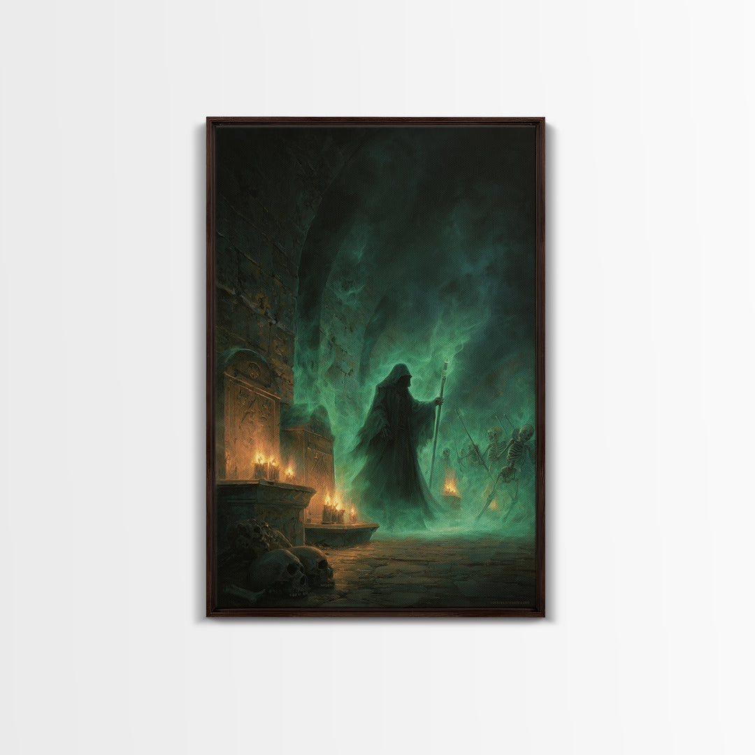 Green Necromancer Dungeon Wall Art, Dark Fantasy Canvas Print, Skeleton Gothic Decor, Witchy Macabre Home Decor, Gift For Him