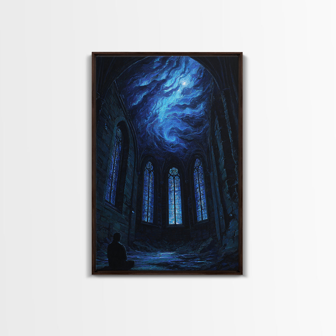 Blue Cosmic Chapel Ruins Canvas Print, Celestial Wall Art, Gothic Architecture Decor, Dark Academia Fantasy Art Print, Home Decor
