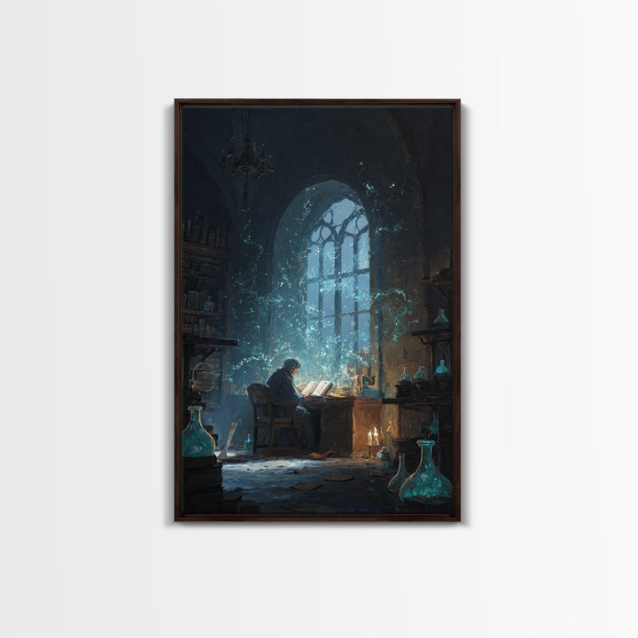Alchemist Reading In Candlelit Library Framed Canvas Print, Dark Academia Wall Art, Wizard Study Decor, Bookish Gift For Readers