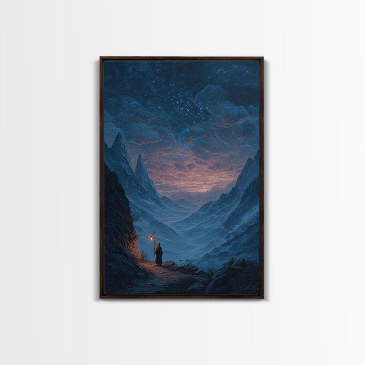 Starry Mountain Valley Pilgrim Wall Art, Fantasy Landscape Canvas Print, Celestial Night Sky Decor, Moody Blue Art Print