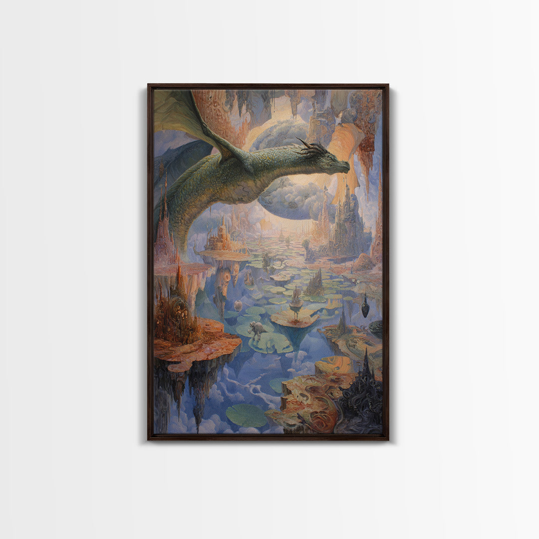 Giant Dragon Over Floating Kingdom Canvas Print, Fantasy Wall Art, Surreal Castle Landscape, Dreamy Storybook Decor, Gift For Her