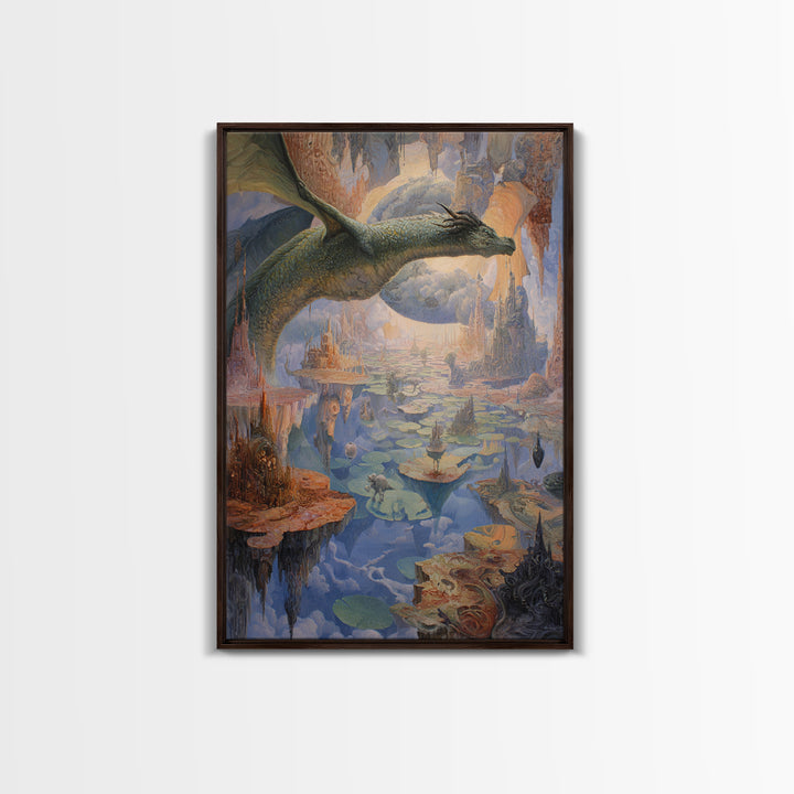 Giant Dragon Over Floating Kingdom Canvas Print, Fantasy Wall Art, Surreal Castle Landscape, Dreamy Storybook Decor, Gift For Her