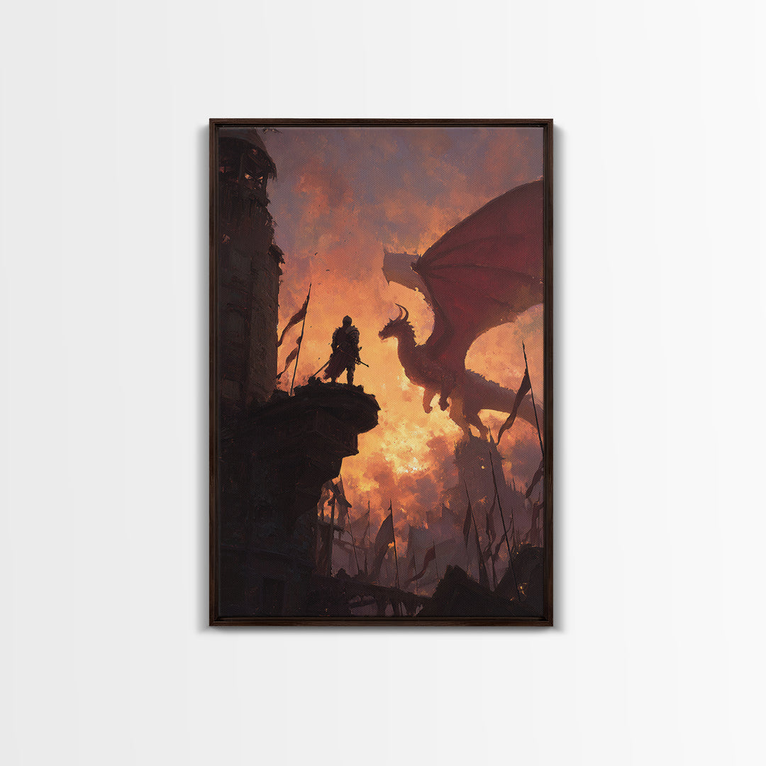Knight Facing Red Dragon Wall Art, Epic Fantasy Canvas Print, Medieval Castle Decor, Dragon Artwork Gift For Him, Living Room Decor