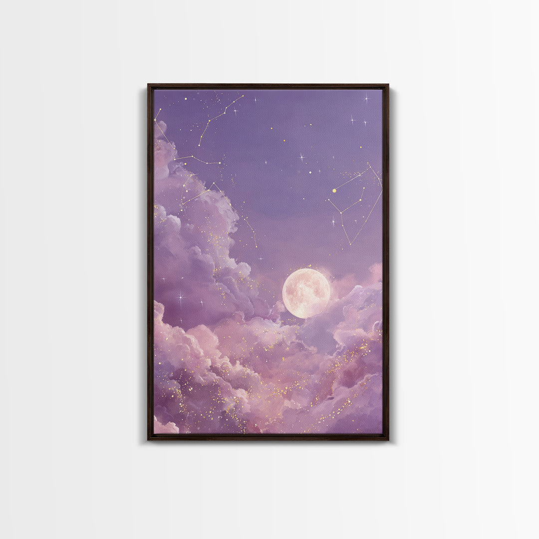 Full Moon Cloud Canvas Print, Lavender Celestial Sky Art, Zodiac Constellation Decor, Dreamy Nursery Wall Art For Bedroom