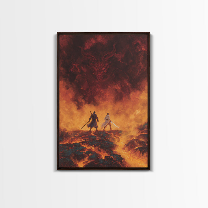 Fiery Demon And Lava Warriors Wall Art, Dark Fantasy Battle Canvas, Gothic Game Room Decor, Epic Dragon Gift For Him, Large Print