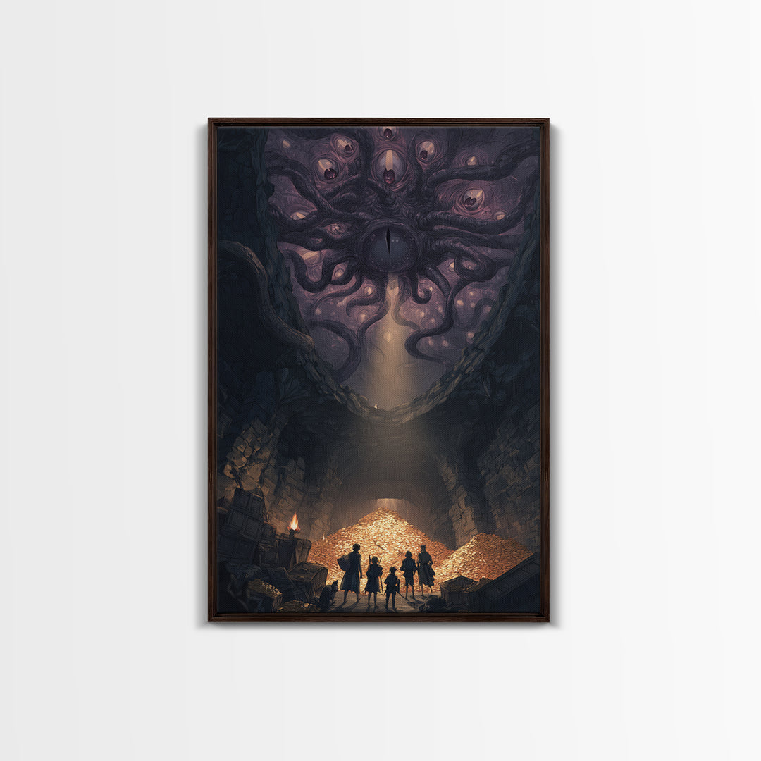 Eldritch Many Eyed Monster Framed Canvas Print, Dark Fantasy Cave Treasure Wall Decor, Gothic Horror Art For Game Room Gift