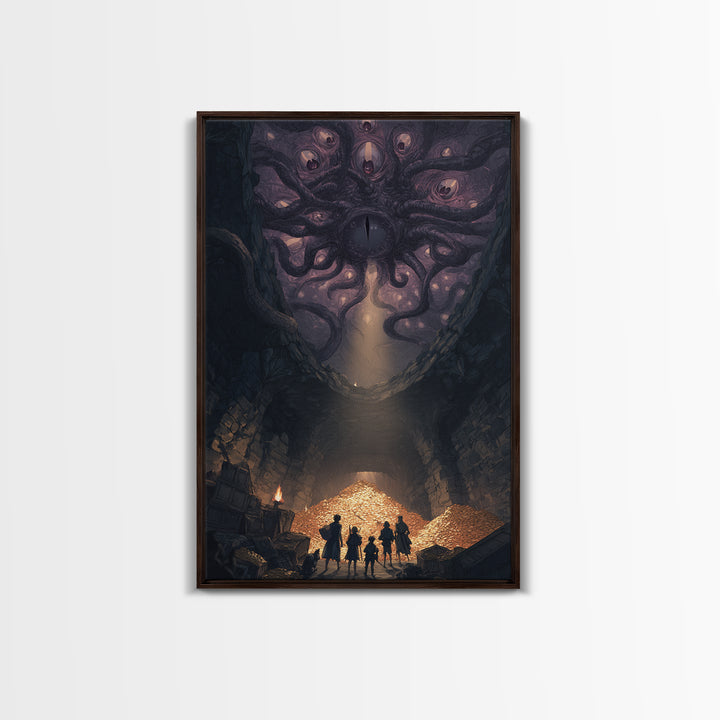 Eldritch Many Eyed Monster Framed Canvas Print, Dark Fantasy Cave Treasure Wall Decor, Gothic Horror Art For Game Room Gift