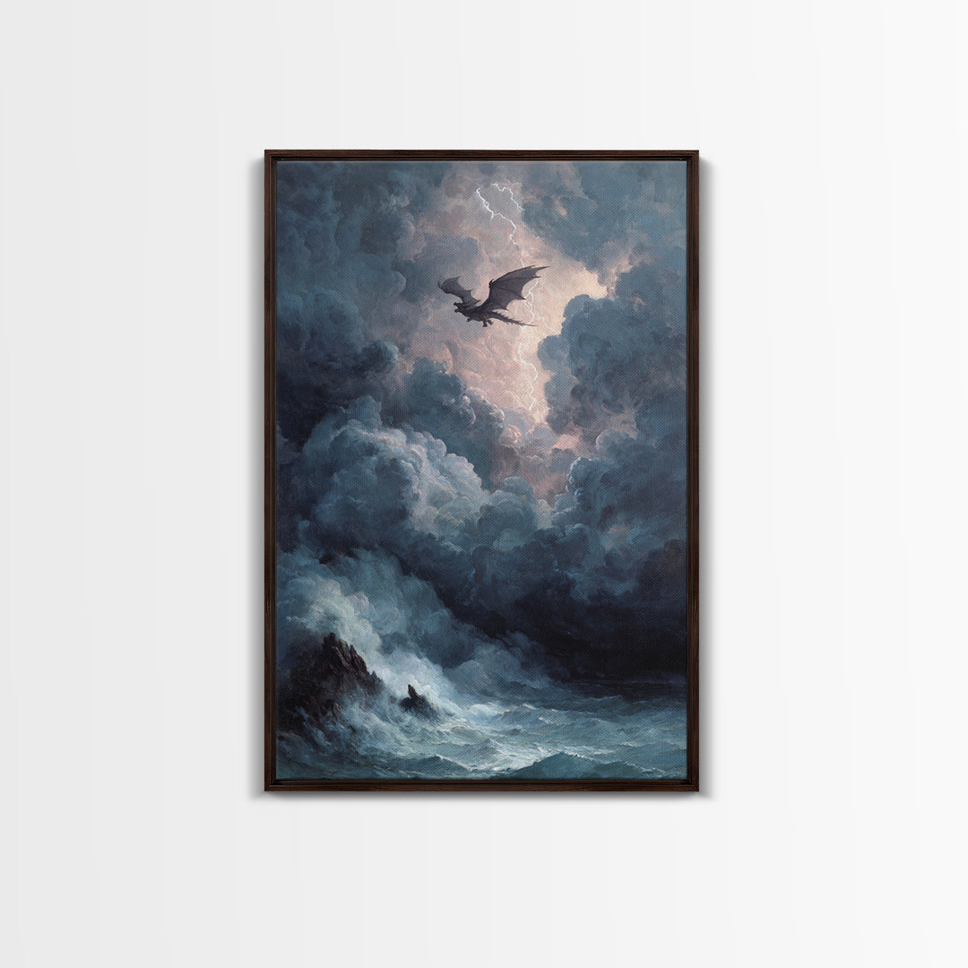 Storm Dragon Over Dark Ocean Wall Art, Gothic Fantasy Canvas Print, Moody Seascape Decor, Lightning Art Gift For Him, Large Print