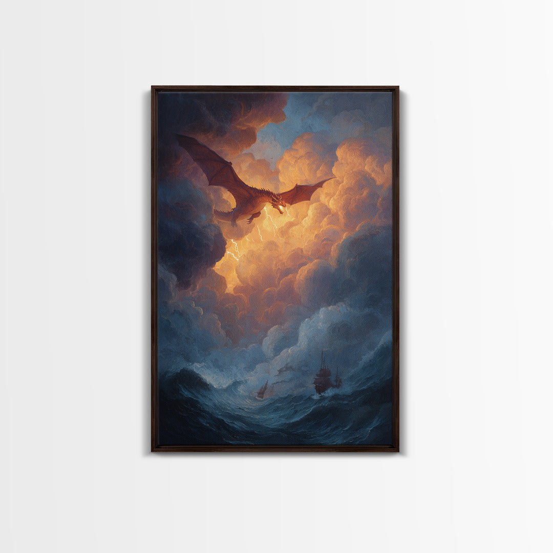 Golden Sky Dragon Above Stormy Sea Framed Canvas Print, Epic Fantasy Wall Art, Ocean Seascape Decor, Dragon Gift For Him