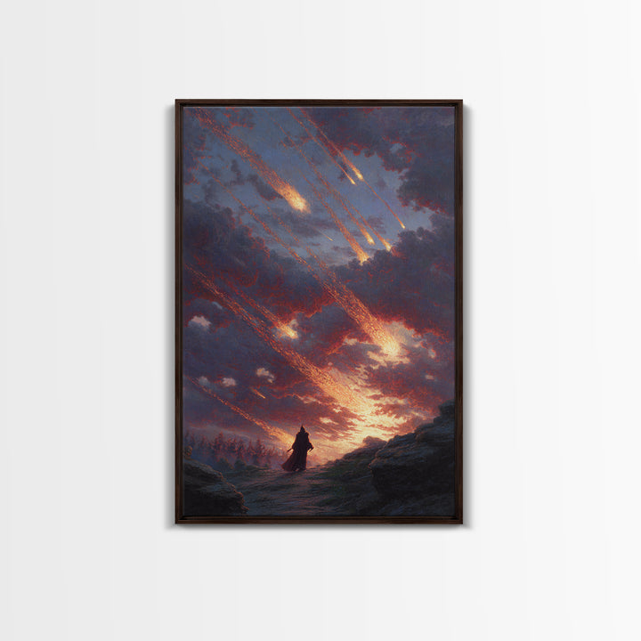 Falling Meteors Over Lone Traveler Wall Art, Apocalyptic Fantasy Canvas Print, Dark Landscape Decor, Dramatic Sky Art Gift