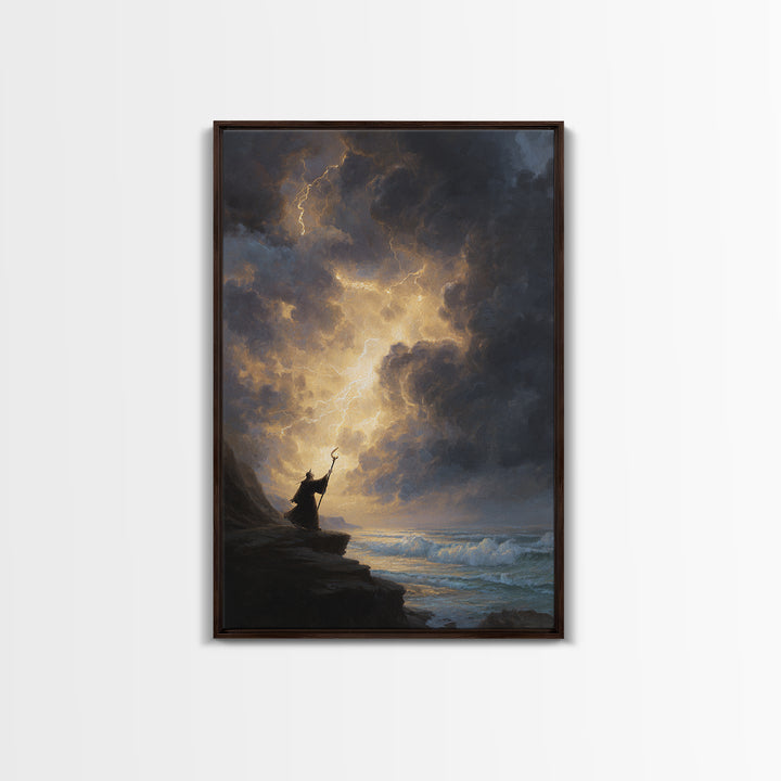 Storm Wizard On Sea Cliff Wall Art, Lightning Sky Canvas Print, Dark Fantasy Seascape Decor, Gothic Coastal Gift For Him