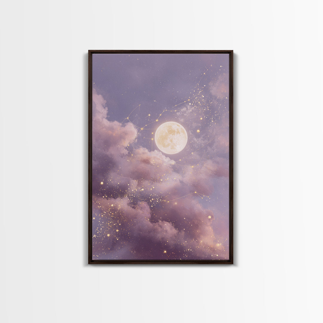 Glowing Moon And Star Cloud Wall Art, Lavender Celestial Canvas, Zodiac Constellation Decor, Dreamy Bedroom Print For Her