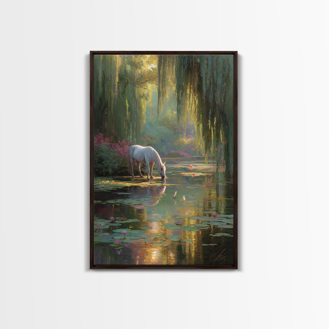 White Horse By Lily Pond Wall Art, Enchanted Forest Fantasy Canvas, Whimsical Nature Decor, Fairy Tale Living Room Art Print