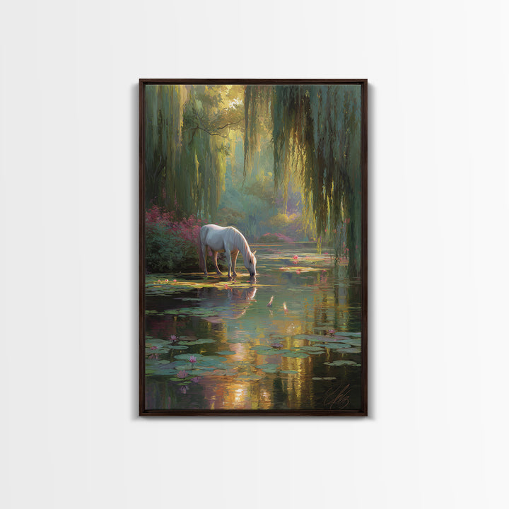 White Horse By Lily Pond Wall Art, Enchanted Forest Fantasy Canvas, Whimsical Nature Decor, Fairy Tale Living Room Art Print