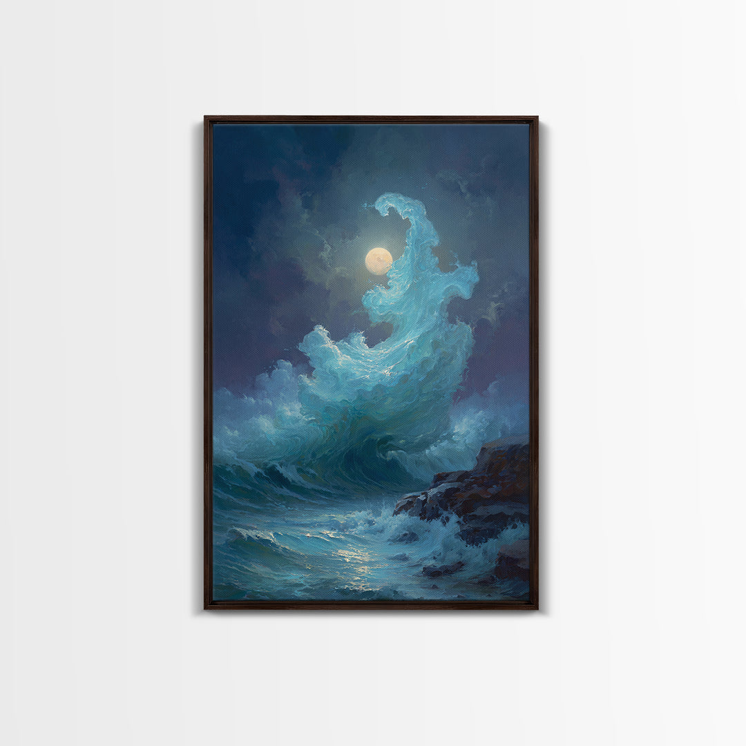 Moonlit Turquoise Wave Canvas Print, Dramatic Ocean Seascape Wall Decor, Coastal Fantasy Art For Bedroom And Living Room