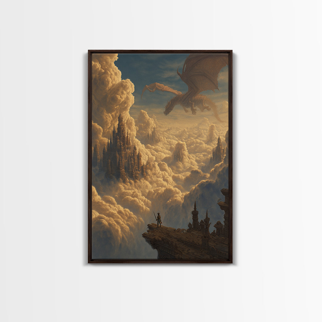 Dragon Over Cloud Kingdom Framed Canvas Print, Epic Fantasy Castle Wall Decor, Mythical Adventure Art For Gamer Room Gift