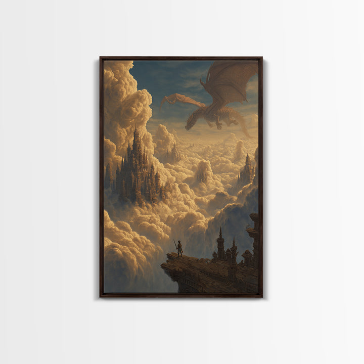 Dragon Over Cloud Kingdom Framed Canvas Print, Epic Fantasy Castle Wall Decor, Mythical Adventure Art For Gamer Room Gift