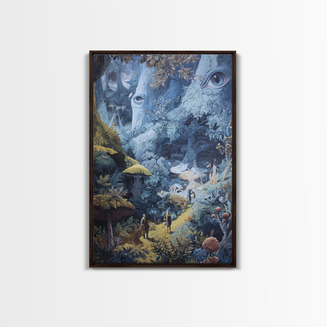 Ancient Forest Faces Wall Art, Surreal Mushroom Path Fantasy Illustration, Whimsical Woodland Decor For Reading Nook Canvas Print