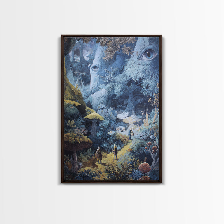 Ancient Forest Faces Wall Art, Surreal Mushroom Path Fantasy Illustration, Whimsical Woodland Decor For Reading Nook Canvas Print