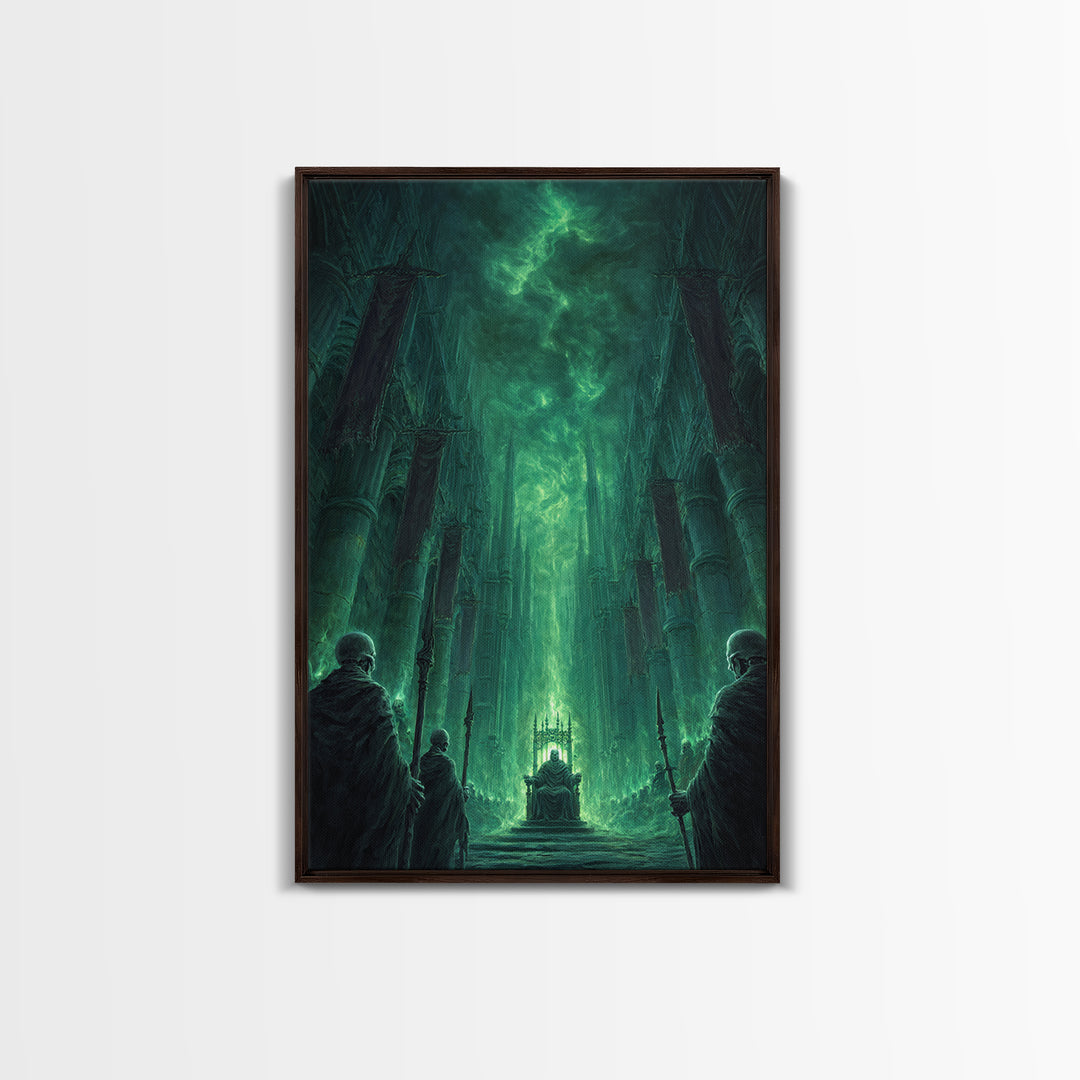 Emerald Gothic Throne Room Framed Canvas Print, Dark Fantasy Cathedral Wall Art, Moody Occult Decor For Office Or Library