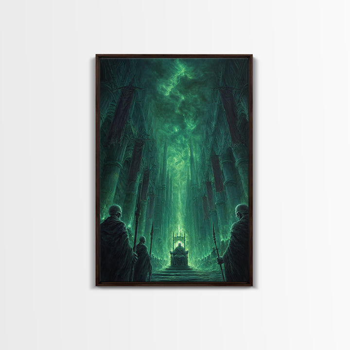 Emerald Gothic Throne Room Framed Canvas Print, Dark Fantasy Cathedral Wall Art, Moody Occult Decor For Office Or Library
