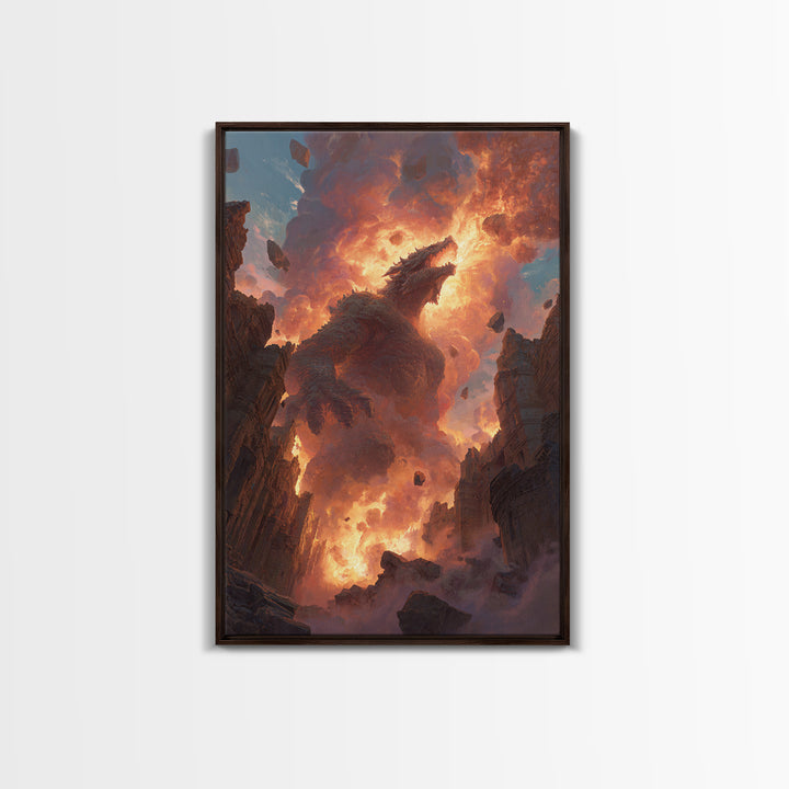 Titan Dragon Rising From Ruins Wall Art, Fiery Fantasy Monster Canvas Print, Epic Apocalyptic Decor For Gamer Room Gift