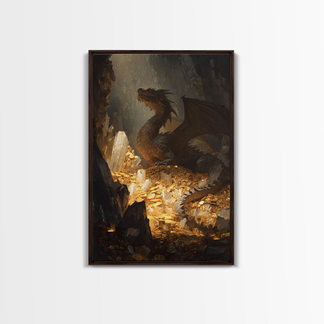 Dragon Guarding Crystal Treasure Framed Canvas Print, Dark Fantasy Cave Wall Art, Mythical Gold Hoard Decor For Gamer Room