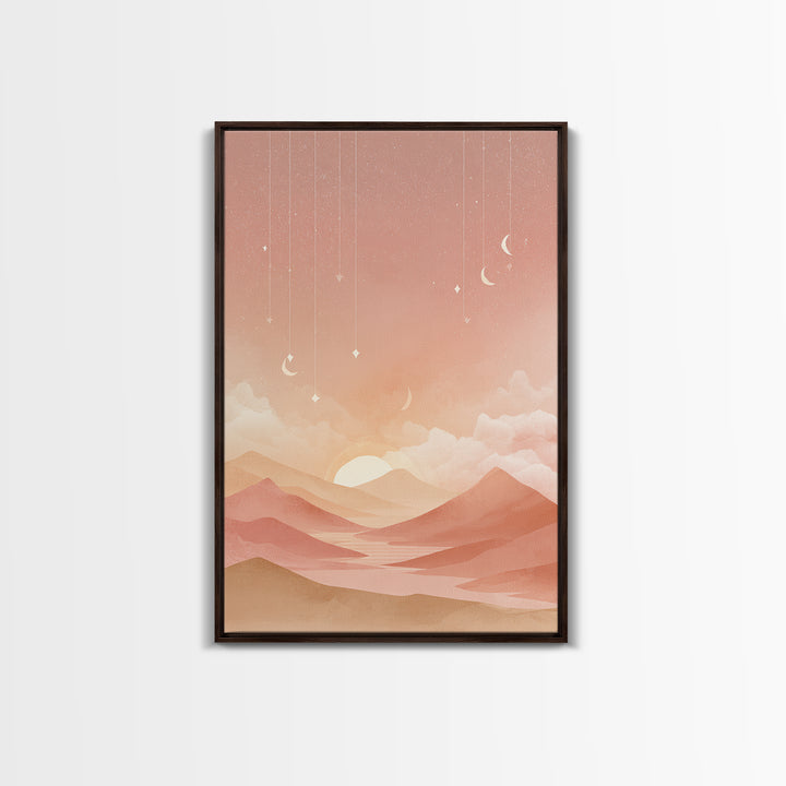 Peach Desert Sunrise Wall Art, Minimalist Moon Landscape Canvas, Boho Nursery Decor, Warm Neutral Bedroom Print Gift For Her