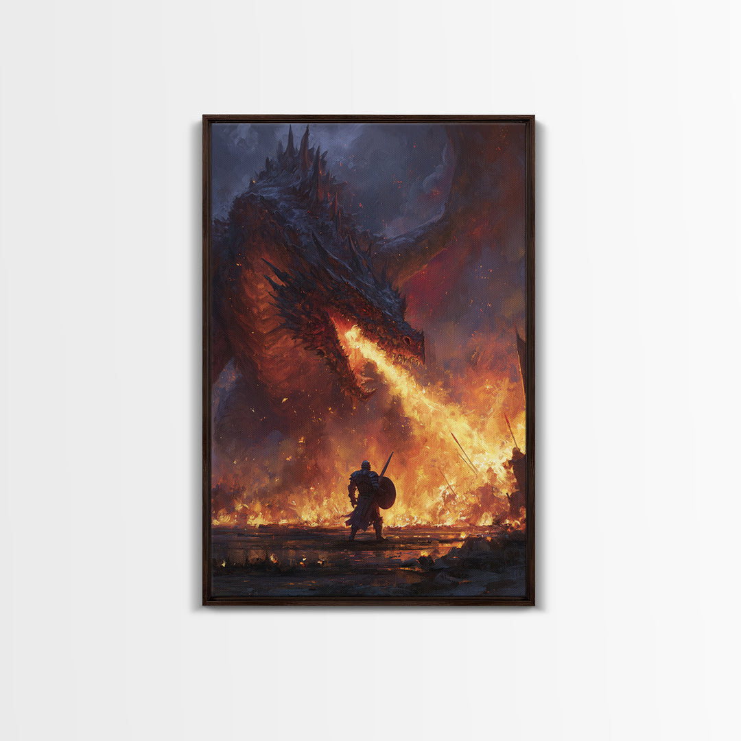 Fire Breathing Dragon Battle Wall Art, Dark Fantasy Canvas Print, Medieval Warrior Decor, Gothic Game Room Gift For Him Art
