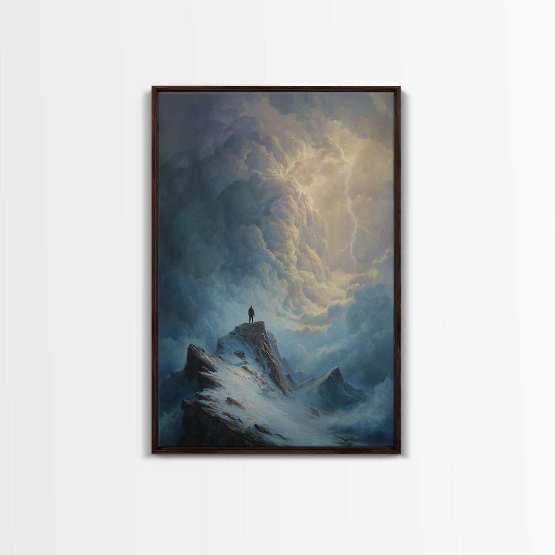 Lone Figure On Stormy Mountain Wall Art, Lightning Cloudscape Canvas Print, Moody Landscape Decor, Dark Academia Gift For Him