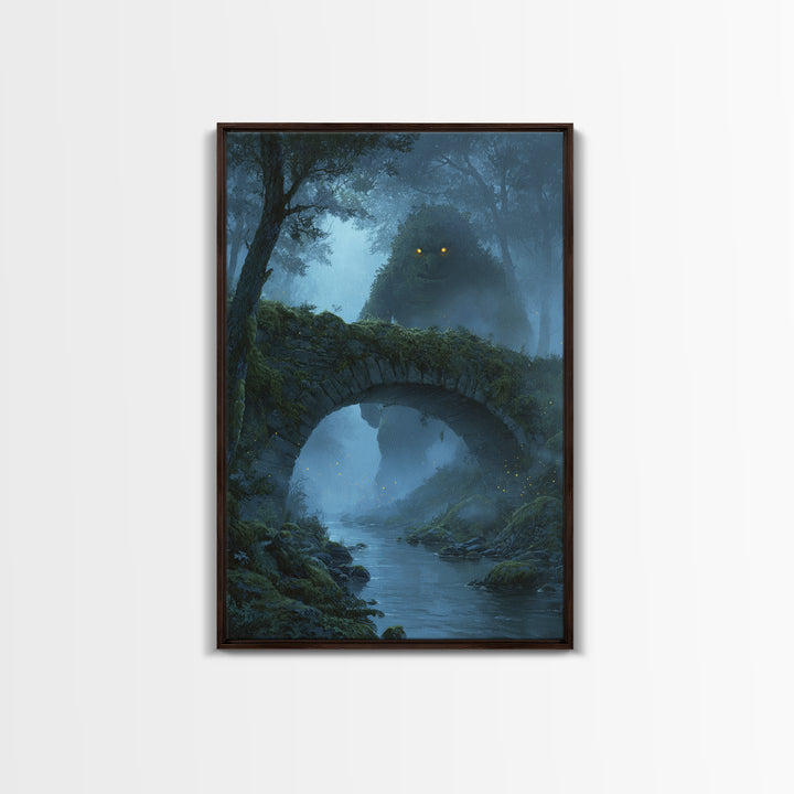 Glowing Eyed Forest Troll Wall Art, Enchanted Stone Bridge Canvas Print, Whimsical Fantasy Decor, Woodland Nursery Gift Art