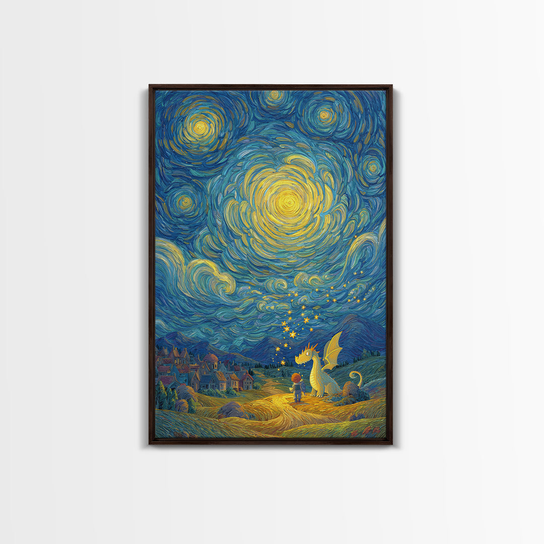 Star Swirled Child And Dragon Wall Art, Whimsical Fantasy Canvas Print, Nursery Decor, Celestial Kids Room Art Gift For Her