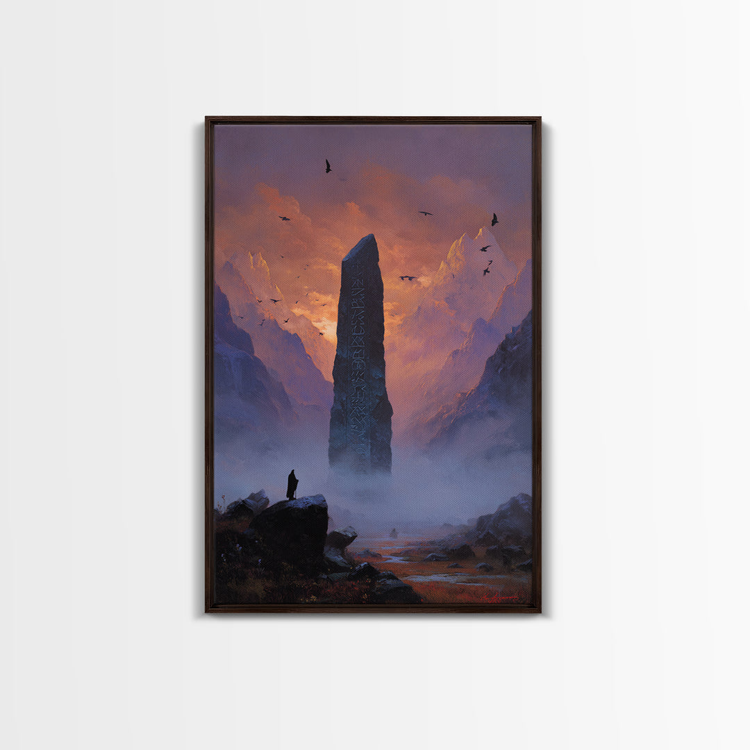 Misty Mountain Monolith Raven Large Canvas Print, Dark Fantasy Wall Art, Epic Landscape Art, Gothic Office Decor, Gift For Him