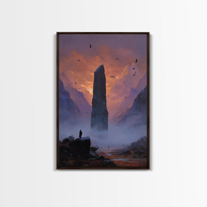 Misty Mountain Monolith Raven Large Canvas Print, Dark Fantasy Wall Art, Epic Landscape Art, Gothic Office Decor, Gift For Him