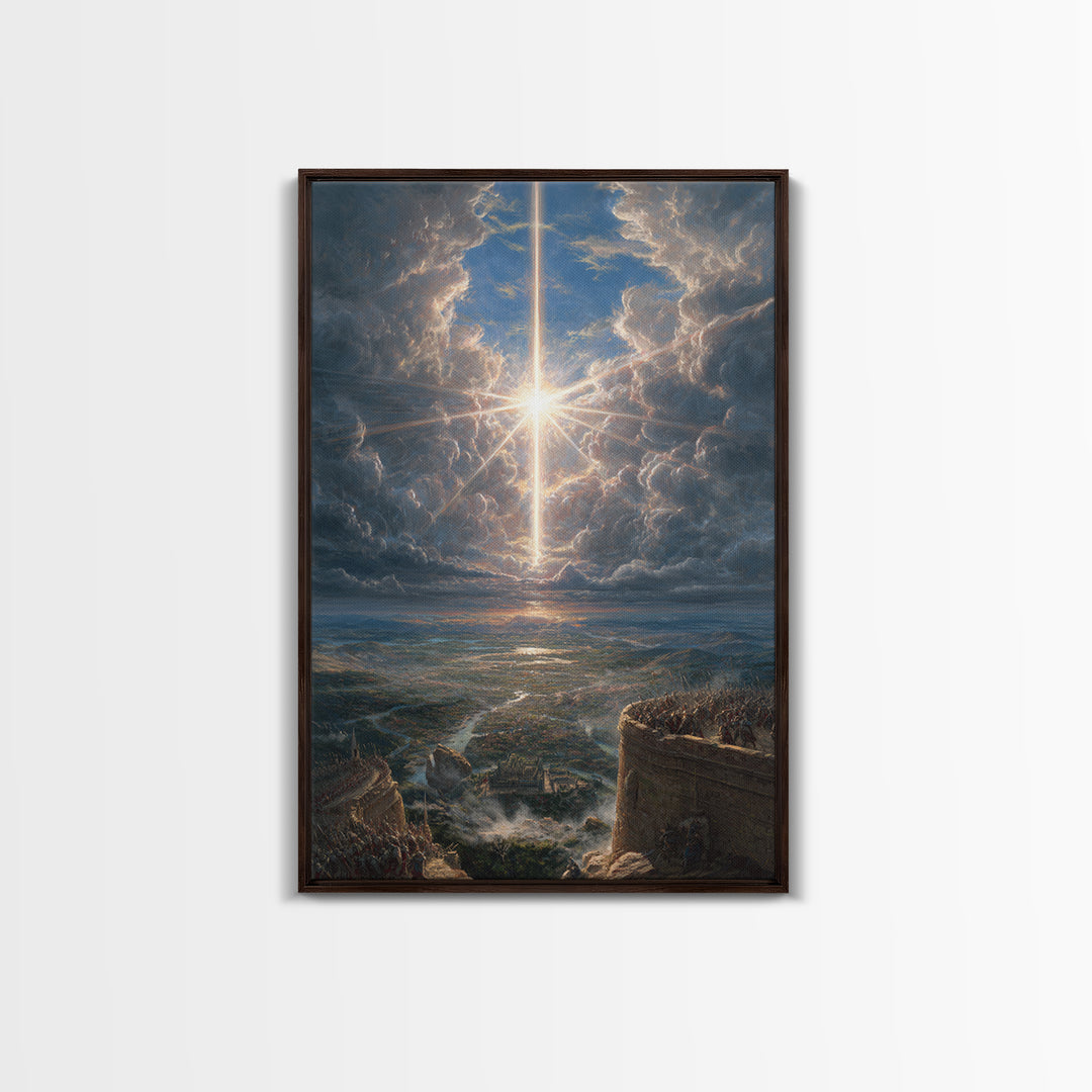 Radiant Cross In Storm Clouds Framed Canvas Print, Christian Wall Art, Celestial Landscape Art, Spiritual Home Decor Gift