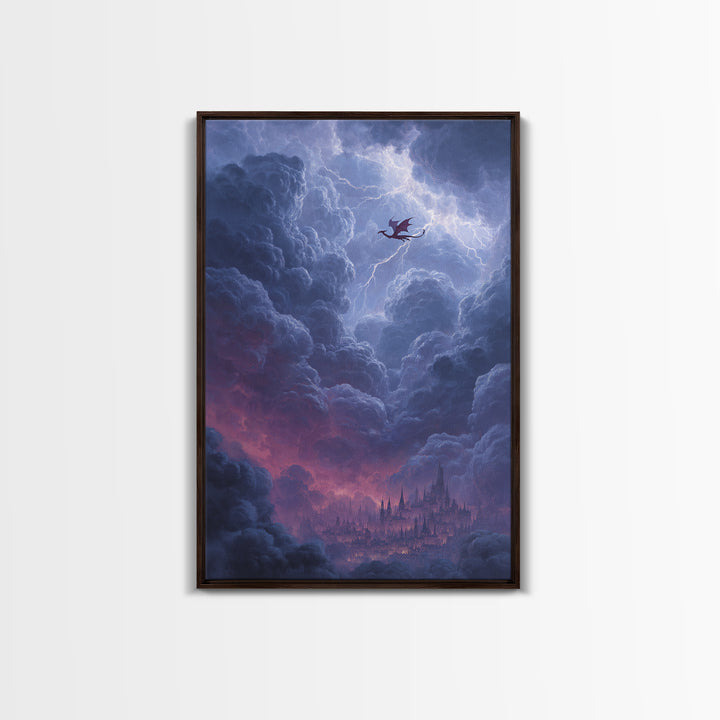Dragon Over Cloud City Framed Canvas Print, Fantasy Wall Art, Stormy Castle Landscape, Gothic Nursery Decor, Gift For Him