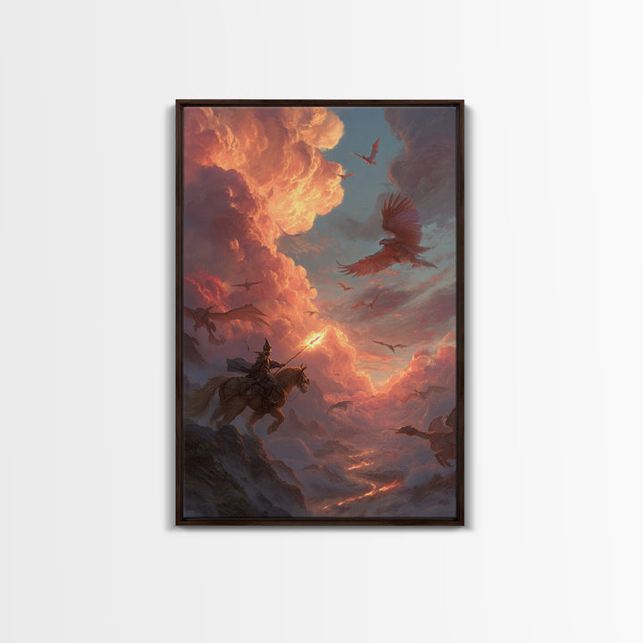Knight And Phoenix Sunset Sky Battle Canvas Print, Fantasy Wall Art, Dragon Painting, Medieval Decor, Epic Statement Artwork