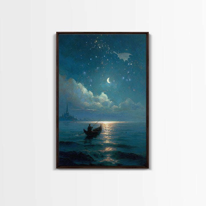 Moonlit Blue Boat And Castle Canvas Print, Celestial Wall Art, Fantasy Seascape Painting, Starry Night Decor, Gift For Her