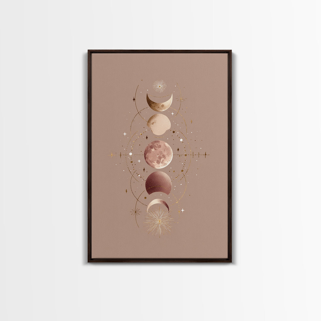 Moon Phases Celestial Wall Art, Taupe Boho Astrology Canvas, Mystical Lunar Decor, Minimalist Bedroom Print Gift For Her