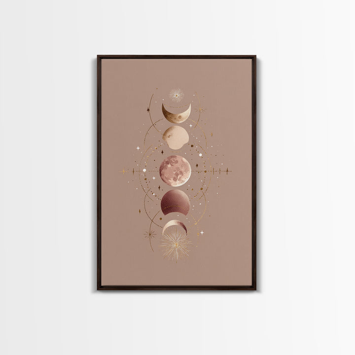 Moon Phases Celestial Wall Art, Taupe Boho Astrology Canvas, Mystical Lunar Decor, Minimalist Bedroom Print Gift For Her