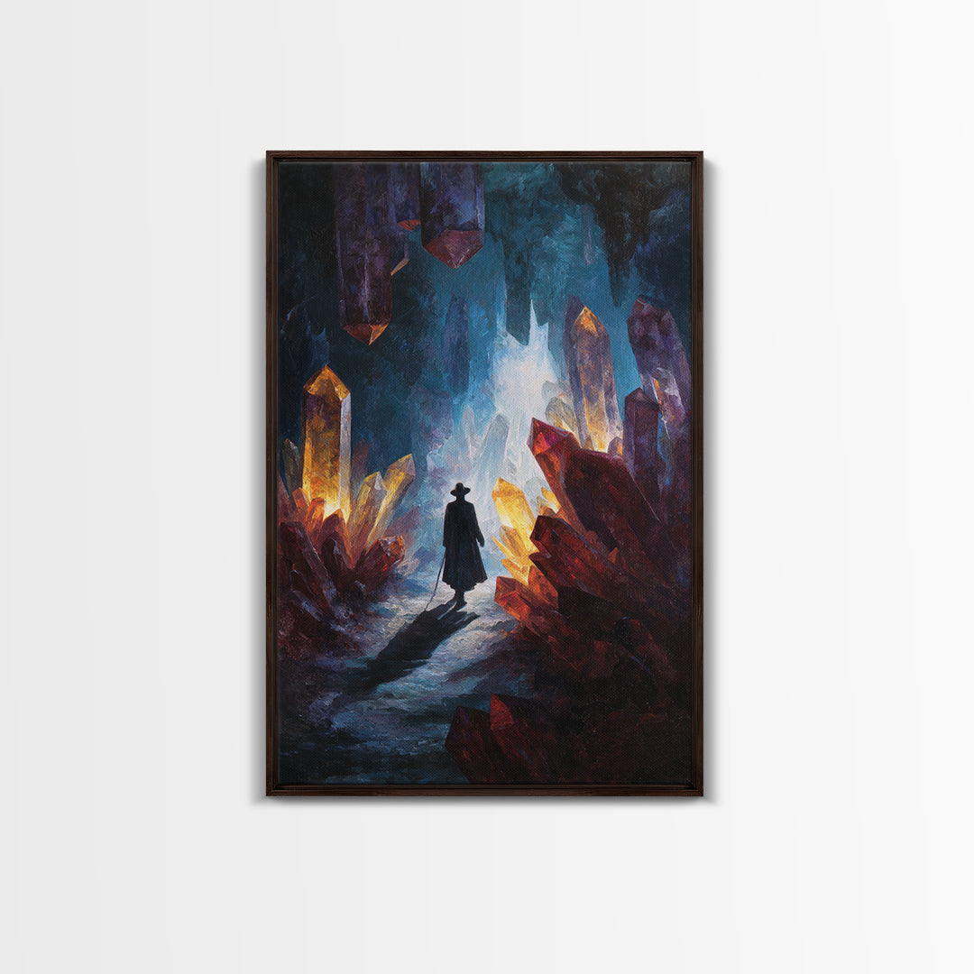Glowing Crystal Cave Explorer Canvas Print, Fantasy Wall Art, Mystical Gemstone Cavern, Dark Academia Home Decor Gift For Him